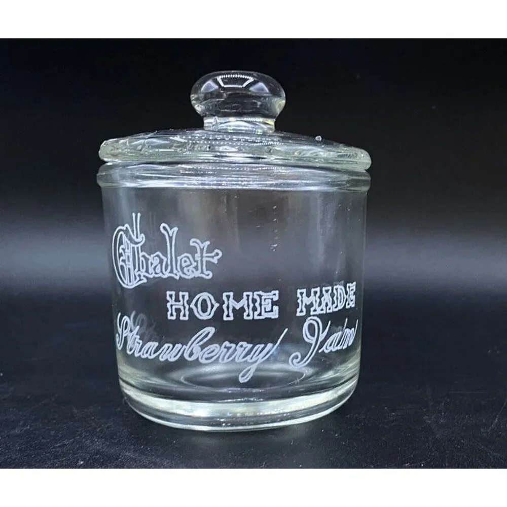Chalet Strawberry Jam Clear Jar Canister Notched Lid Antique READ
